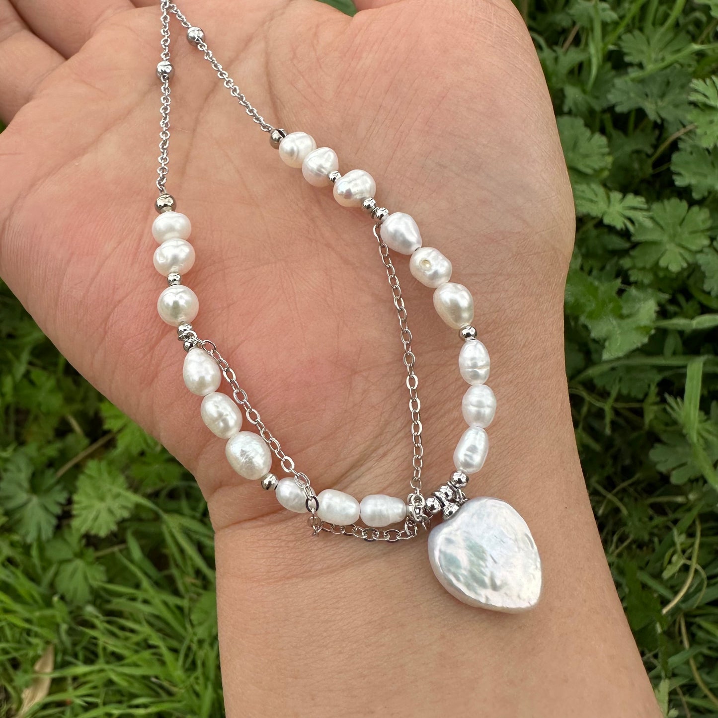 Natural Pearl Chain with Heart Pendant Necklace