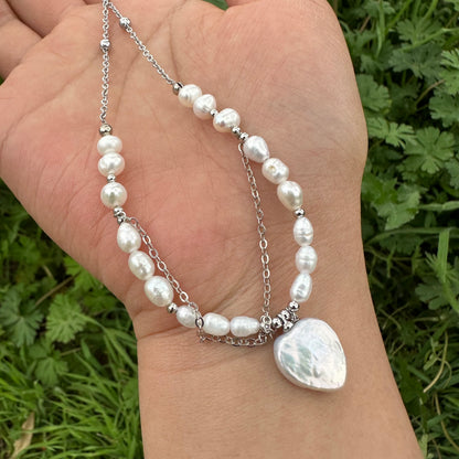 Natural Pearl Chain with Heart Pendant Necklace