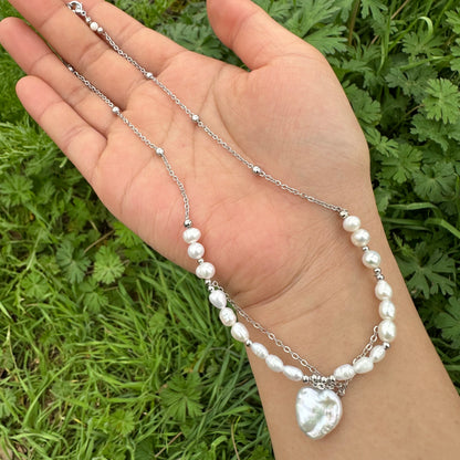 Natural Pearl Chain with Heart Pendant Necklace