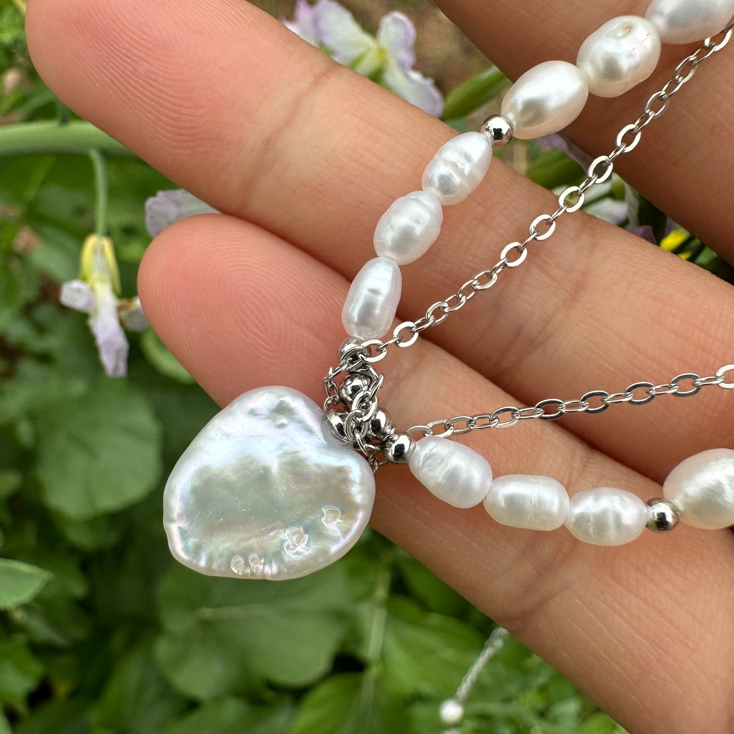 Natural Pearl Chain with Heart Pendant Necklace