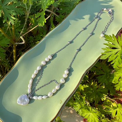 Natural Pearl Chain with Heart Pendant Necklace