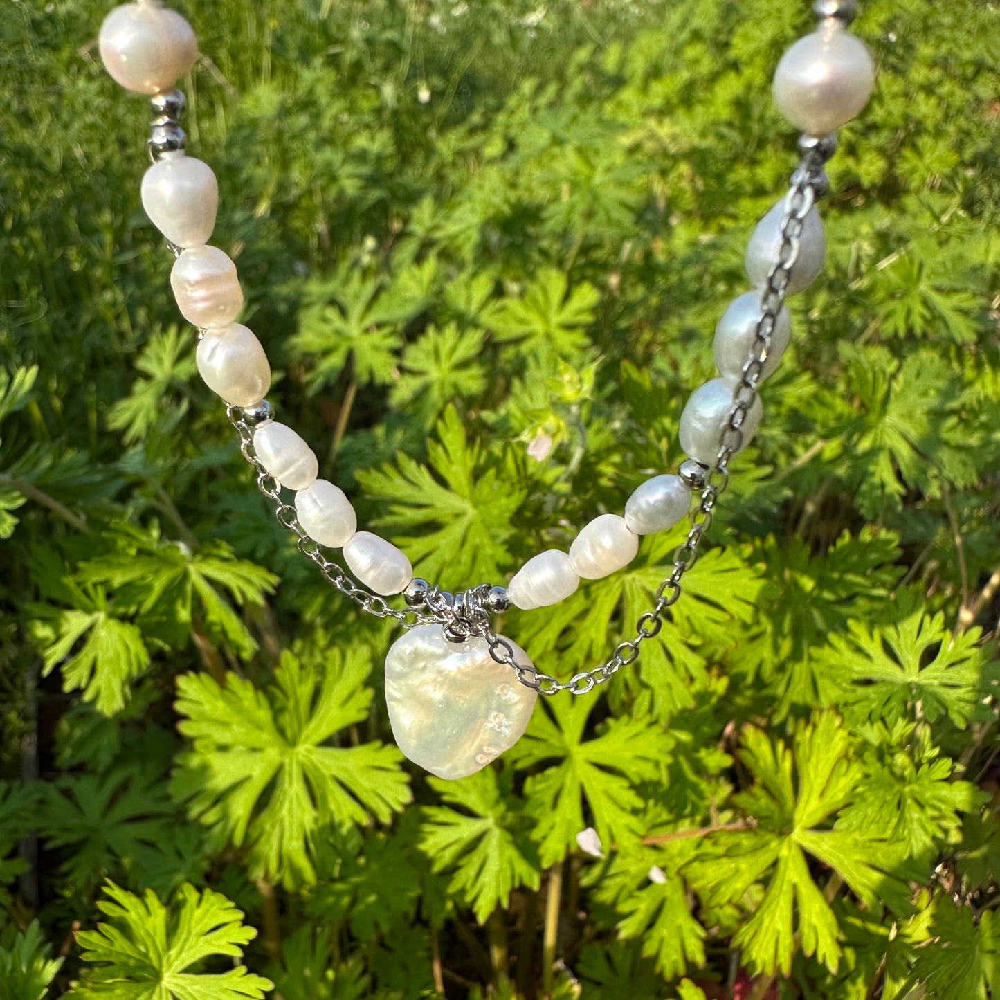 Natural Pearl Chain with Heart Pendant Necklace