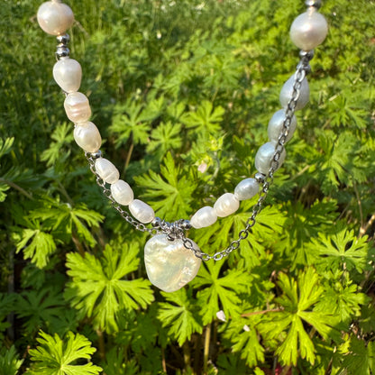 Natural Pearl Chain with Heart Pendant Necklace