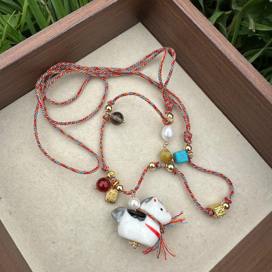Ceramic Pony Pearl Rope Necklace