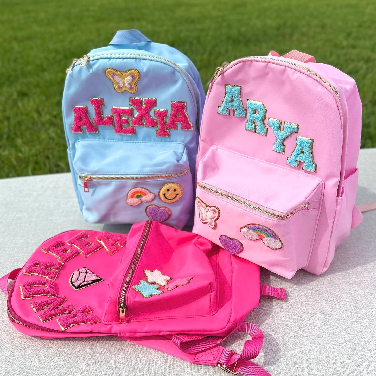 Personalized Nylon Backpack with Varsity Letters, Back to School Gift for Kids, Custom School Book Bag with Patches