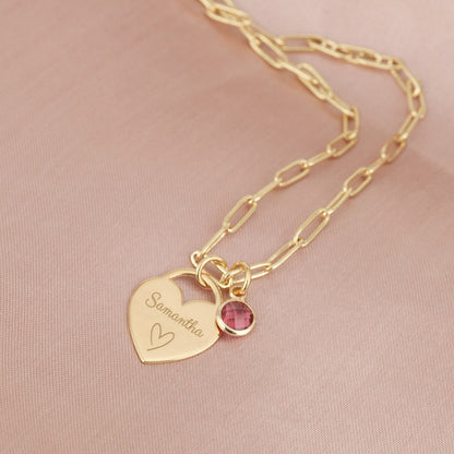 Birthday Gift for Girls, Personalized Name & Birthstone Heart Necklace, Custom Engraved Kids Jewelry for Little Girls