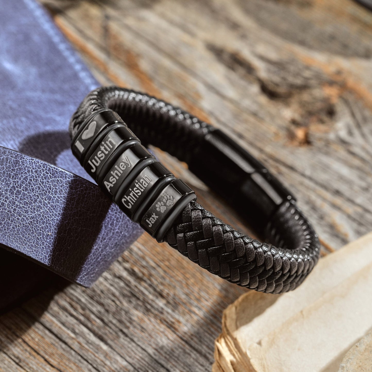 Personalized Mens Bracelet, Handmade Leather Beaded Jewelry with Kids Names, Fathers Day, Birthday Gifts For Him Dad Kid Boyfriend