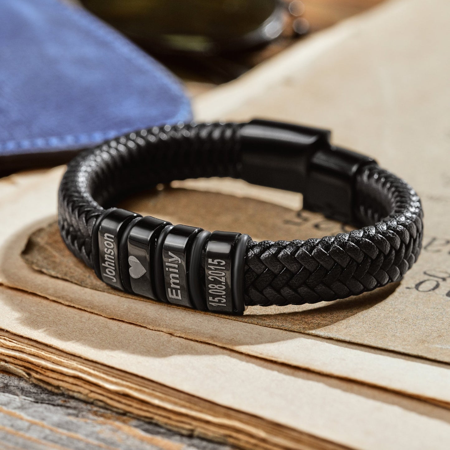 Personalized Mens Bracelet, Handmade Leather Beaded Jewelry with Kids Names, Fathers Day, Birthday Gifts For Him Dad Kid Boyfriend