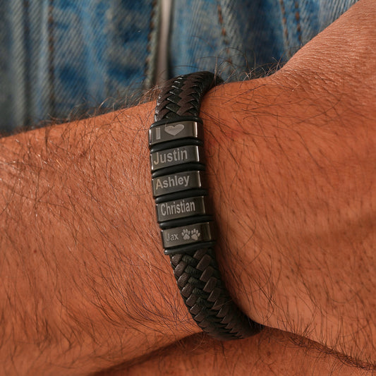 Personalized Mens Bracelet, Handmade Leather Beaded Jewelry with Kids Names, Fathers Day, Birthday Gifts For Him Dad Kid Boyfriend