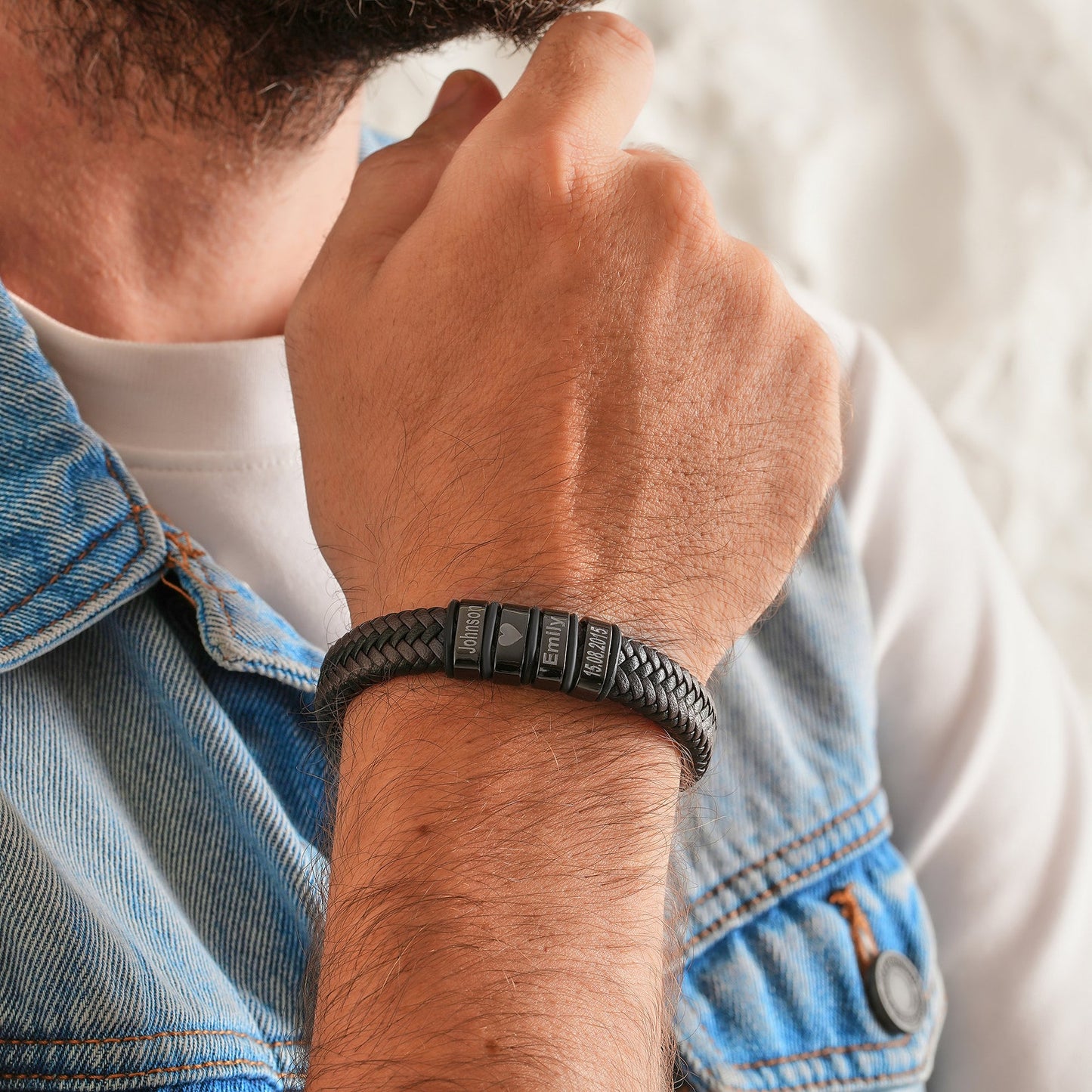 Personalized Mens Bracelet, Handmade Leather Beaded Jewelry with Kids Names, Fathers Day, Birthday Gifts For Him Dad Kid Boyfriend