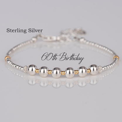 60th Birthday Sterling Silver Bead Bracelet, Milestone Jewelry Gift for Mom