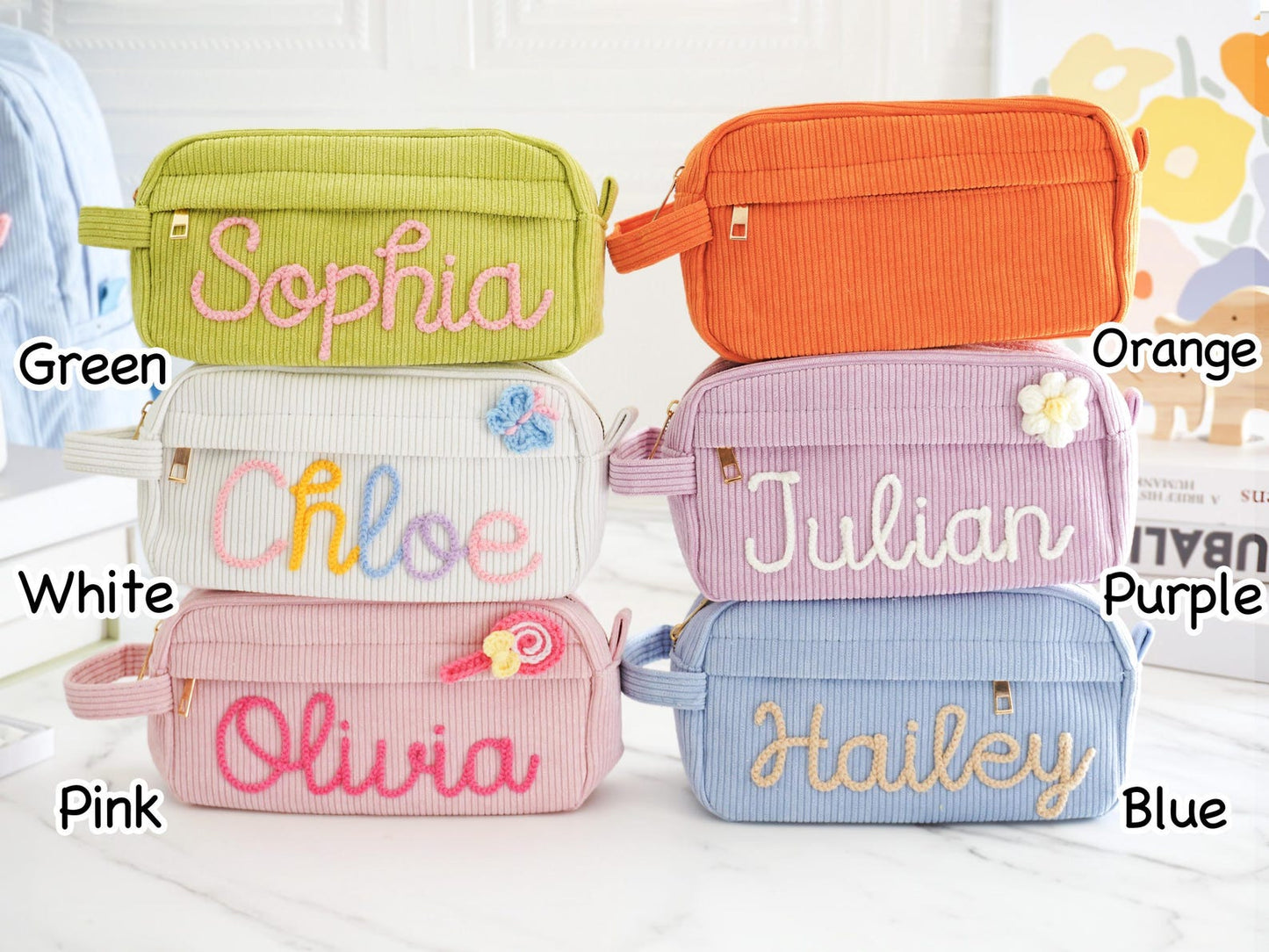 Personalized Corduroy Pencil Case, Back to School Gift, Custom Yarn Name Pencil Bag