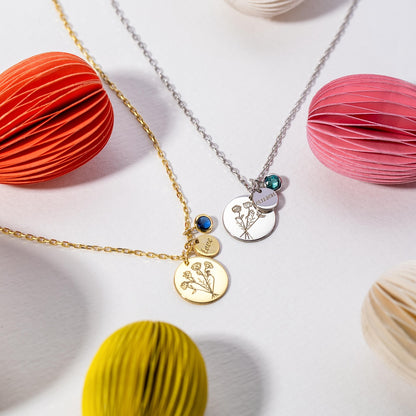 Personalized Birthflower Bouquet Necklace with Name & Birthstone, Sterling Silver Love Charm Jewelry