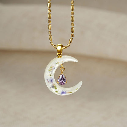 Birthday Gift for Her, Personalized Mother of Pearl Crescent Moon Birthstone Necklace