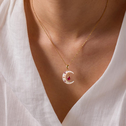 Birthday Gift for Her, Personalized Mother of Pearl Crescent Moon Birthstone Necklace