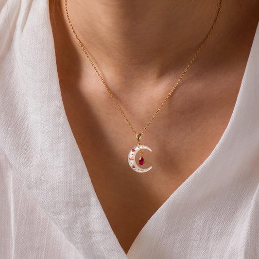 Birthday Gift for Her, Custom Birthstone Mother of Pearl Crescent Moon Necklace, Personalized Moon Pendant Jewelry