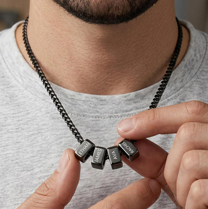 Personalized Men's Family Name Necklace, Engraved Name Bead Jewelry Gift for Dad