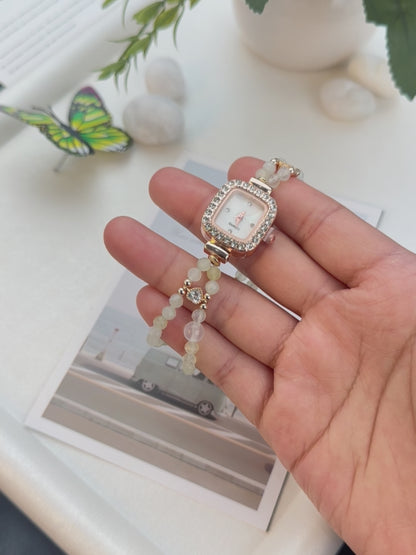 Green Grape Moonlight Prehnite & White Crystal Double-Strand Beaded Watch