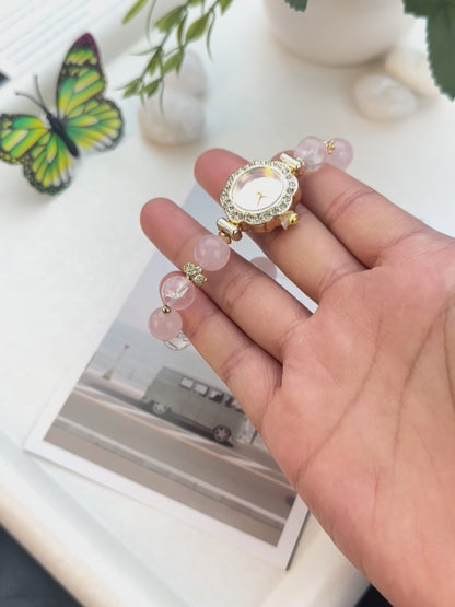 Soft Mist Pink & White Crystal Beaded Watch