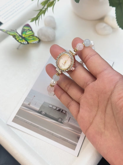 Natural Rose Quartz, Aquamarine & Pearl Beaded Watch