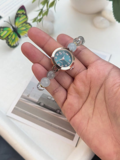 Natural Aquamarine, Grey Moonstone & White Crystal Beaded Watch