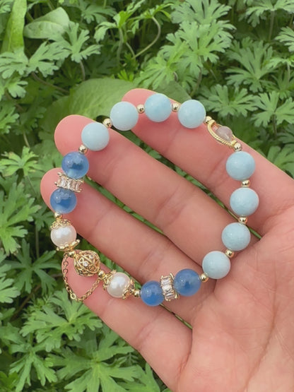 Aquamarine, Agate, Grey Moonstone & Pearl Bracelet