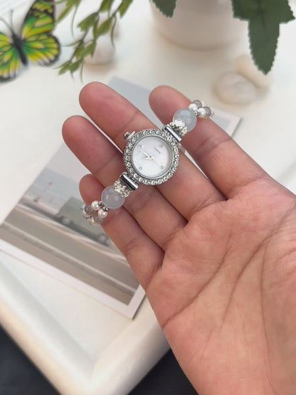 Mist Grey-Blue Aquamarine & Moonstone Crystal Beaded Watch